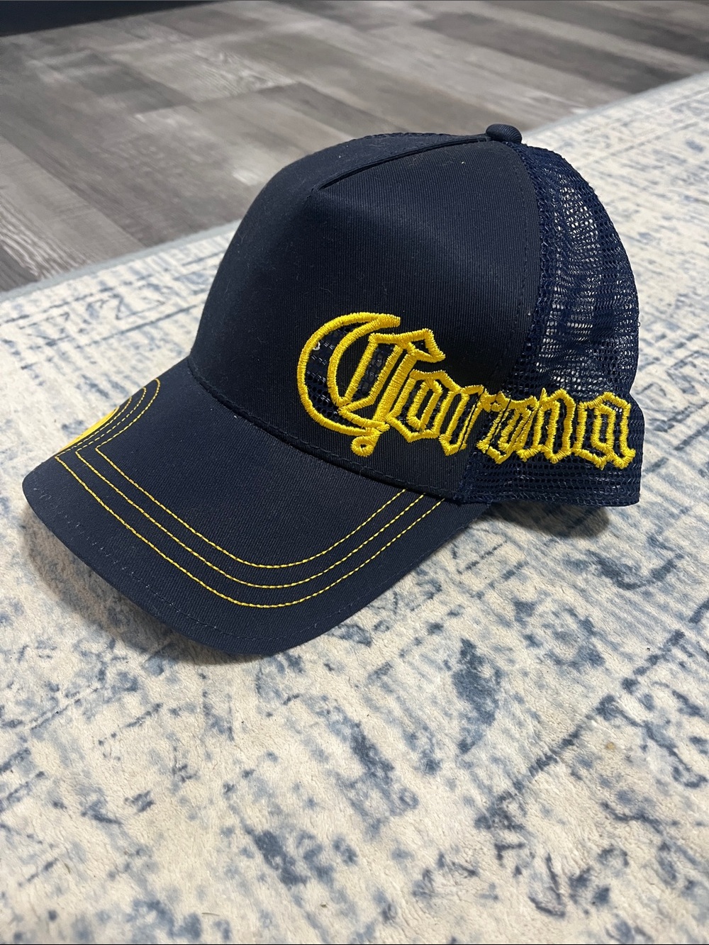 Corona Navy Mesh Trucker Hat with Yellow Embroidery